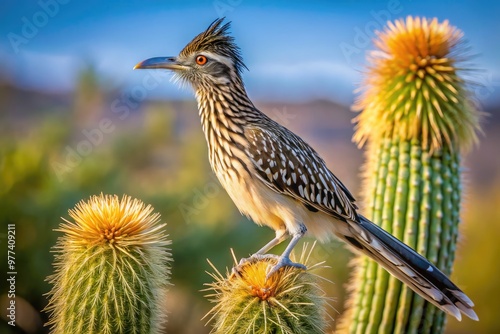 A majestic greater roadrunner, with its distinctive crest and brown plumage, perches on a cactus branch, gazing intently at its desert surroundings in Arizona. photo