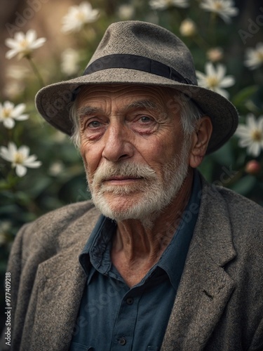 Elderly Caucasian man with long white beard, wearing gray hat and jacket, in garden setting with flowers in background