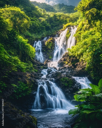 Cascading Waterfall Surrounded by Vivid Tropical Foliage