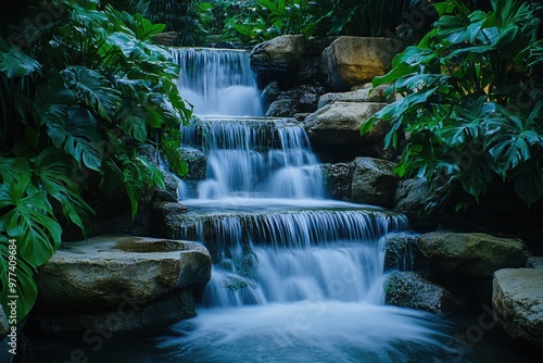 Cascading Waterfall Surrounded by Vivid Tropical Foliage