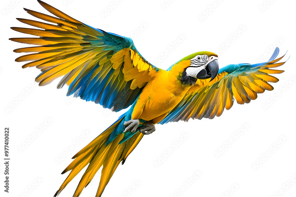 Fototapeta premium Scarlet macaw parrot flying isolated white background isolated 