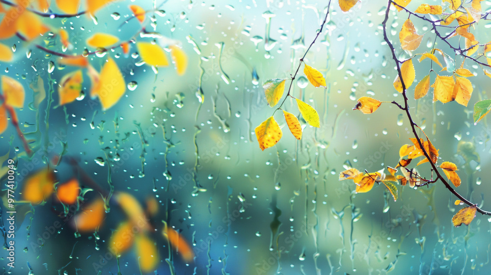 Rain window autumn park branches leaves yellow Rain window autumn park branches leaves yellow