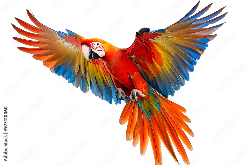 Obraz premium Scarlet macaw parrot flying isolated white background isolated 