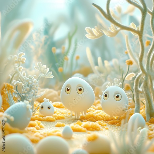 A group of cute little white eggs with eyes and small flowers, on the sea floor covered in yellow algae, surrounded by various plants photo