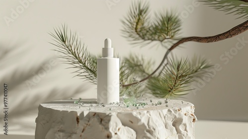 The product overview consists of a blank white skincare product with pine needles and bark, and most importantly, a small emerald green bottle filled with oil.
 photo