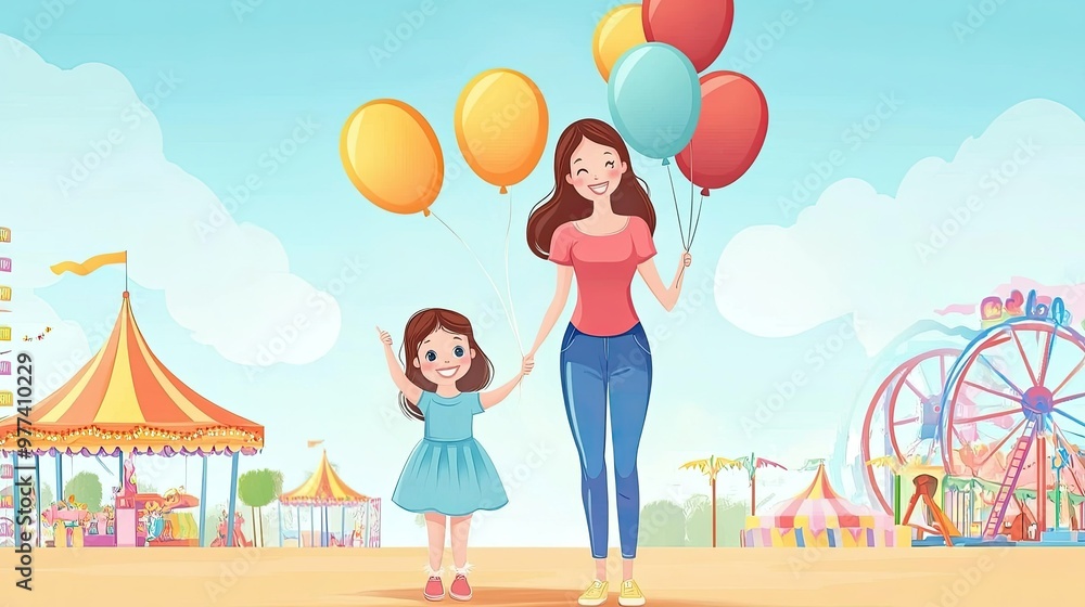 Fototapeta premium Cartoon mom and child holding balloons at a carnival, with space for text on a fun backdrop.