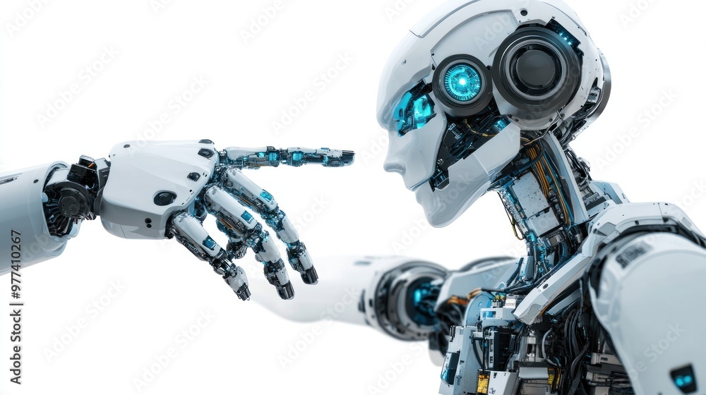 Robot integration in manufacturing automation, isolated on white background, highlighting collaborative systems and AI Robot integration in manufacturing automation, isolated on white background, highlighting collaborative systems and AI