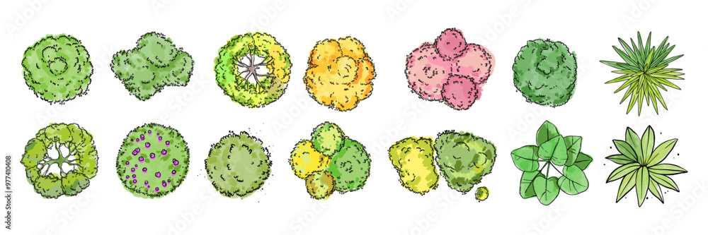 Watercolor tree icon set, yellow hand drawn bush top view, vector green architecture map design kit. Garden park abstract sign, nature environment plan landscape layout object. Flat tree top crown art