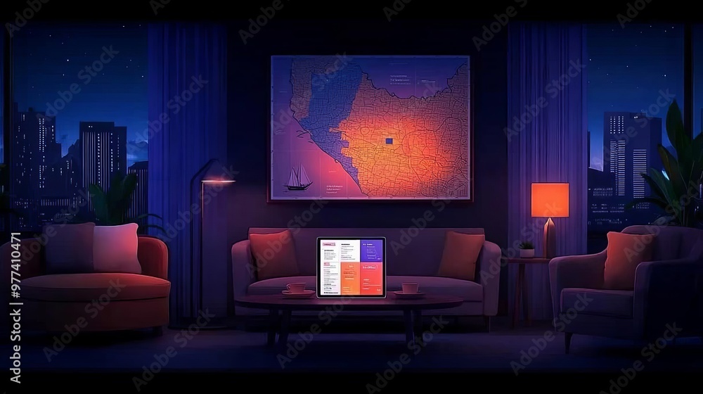 Setting up a travel itinerary in a modern living room with a tablet showing a city guide Setting up a travel itinerary in a modern living room with a tablet showing a city guide