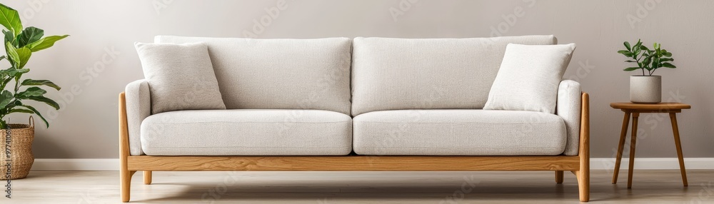 Fototapeta premium Sofa with a frame made from recycled wood, featuring upcycled fabric upholstery, sustainable furniture, cozy ecoconscious living room