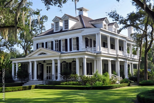 Beautiful house in the garden with green grass and trees on background