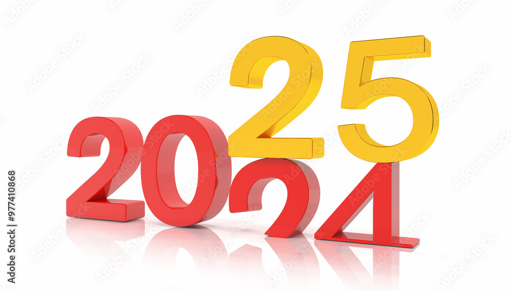 3d render of the numbers 2025 and 24 in red and gold over white reflecting background. The number 25 falls on the number 24 and breaks in it in the ground. - Vacation concept. 3d render of the numbers 2025 and 24 in red and gold over white reflecting background. The number 25 falls on the number 24 and breaks in it in the ground. - Vacation concept.