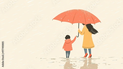 Cartoon mother and child walking under an umbrella on a rainy day, with room for copy space.