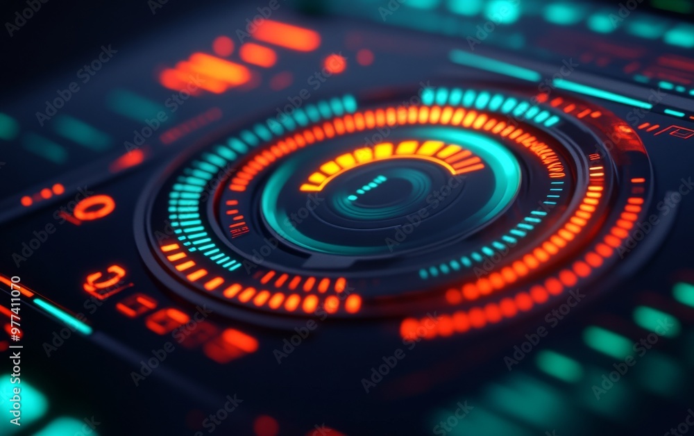 Futuristic interface featuring vibrant circular patterns and glowing lights, perfect for technology and digital design themes. Futuristic interface featuring vibrant circular patterns and glowing lights, perfect for technology and digital design themes.