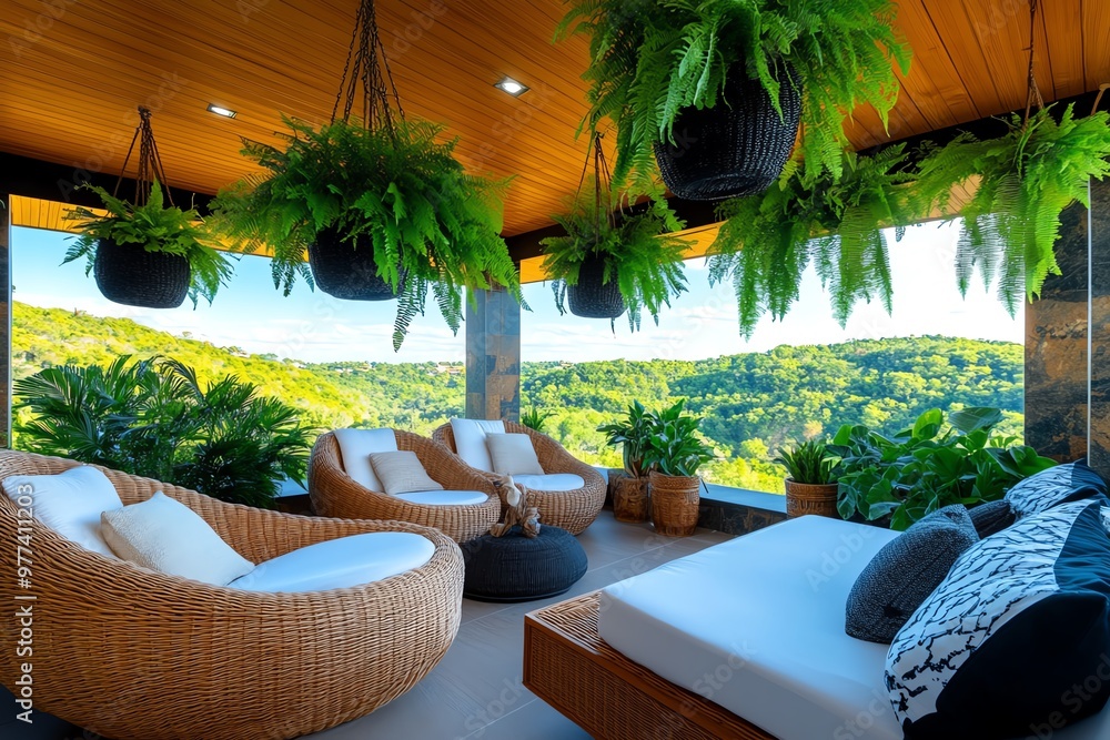 Obraz premium A sunroom filled with hanging plants, wicker furniture, and a view of the natural surroundings for a peaceful, relaxing space
