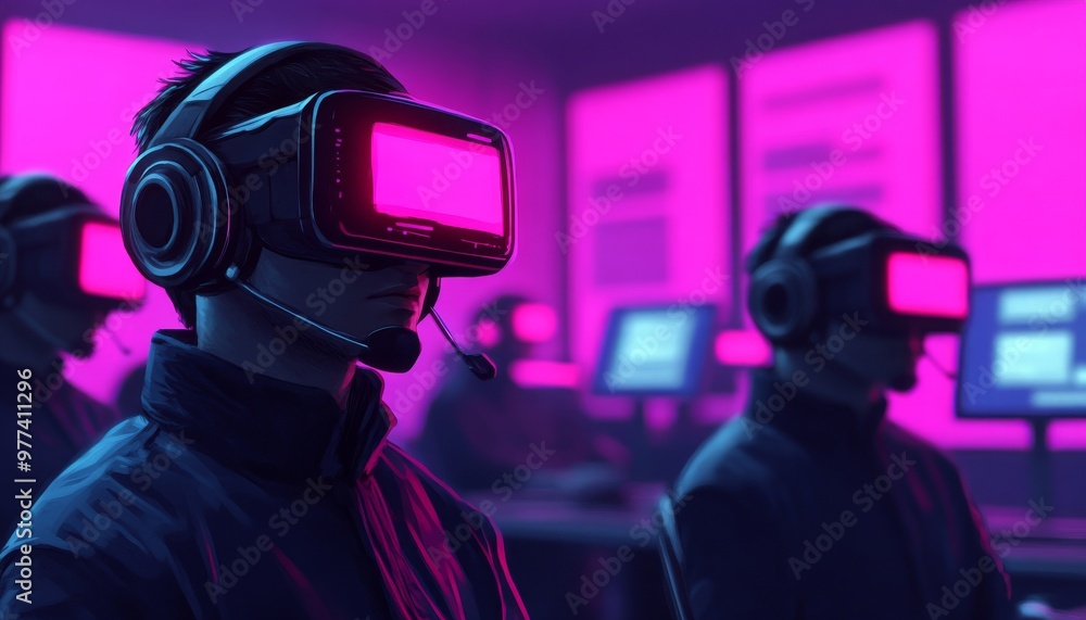 Futuristic scene of people wearing virtual reality headsets, immersed in digital worlds with vibrant pink lighting. Futuristic scene of people wearing virtual reality headsets, immersed in digital worlds with vibrant pink lighting.