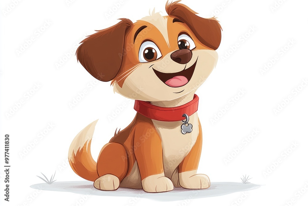 Happy cartoon puppy dog sitting wearing a red collar Happy cartoon puppy dog sitting wearing a red collar