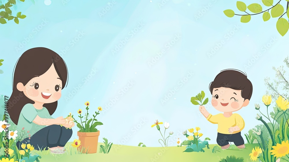 Mother and child cartoon characters playing in the garden, with ample space for text on a simple background. Mother and child cartoon characters playing in the garden, with ample space for text on a simple background.