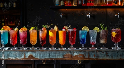 Assortment of colorful exotic alcoholic cocktails served in glasses with garnishes