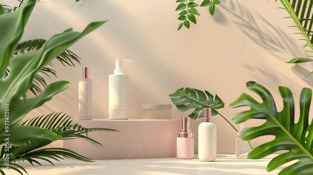 A group of white containers with pink flowers on cosmetic background A group of white containers with pink flowers on cosmetic background