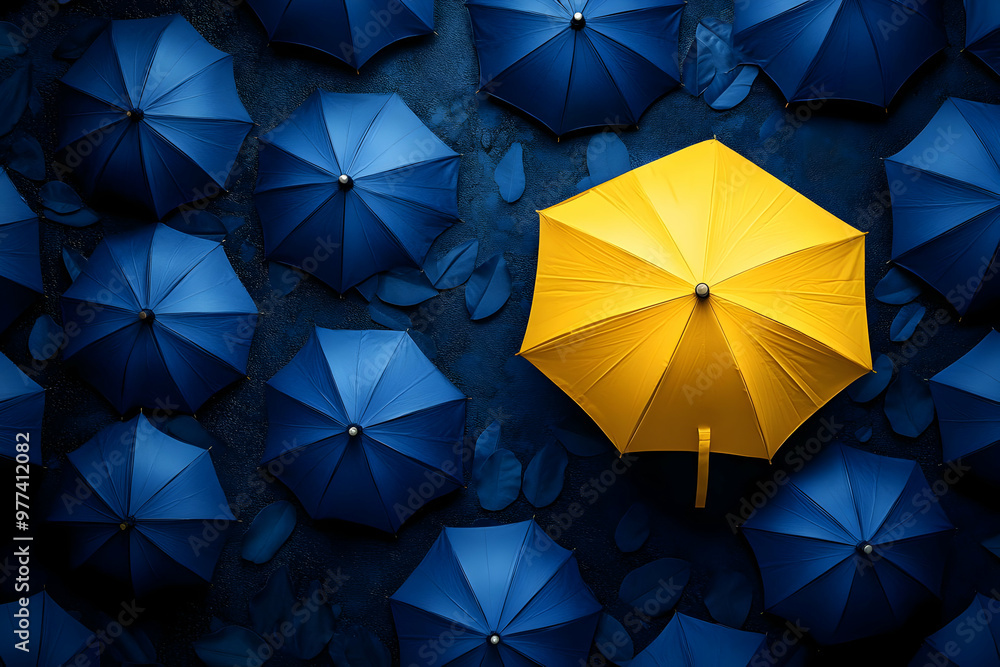 Aerial view of a vibrant yellow umbrella standing out among blue umbrellas, symbolizing uniqueness and individuality. Aerial view of a vibrant yellow umbrella standing out among blue umbrellas, symbolizing uniqueness and individuality.