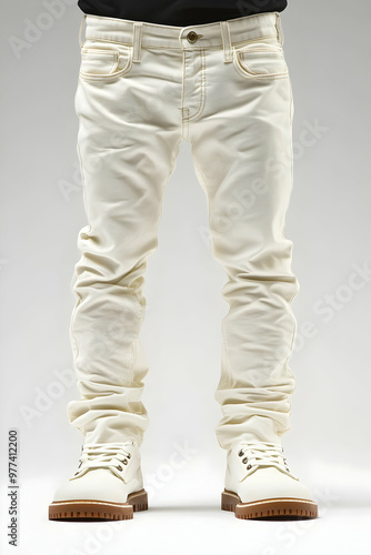 Stylish white jeans paired with trendy shoes, perfect for casual outfits and fashion photography.