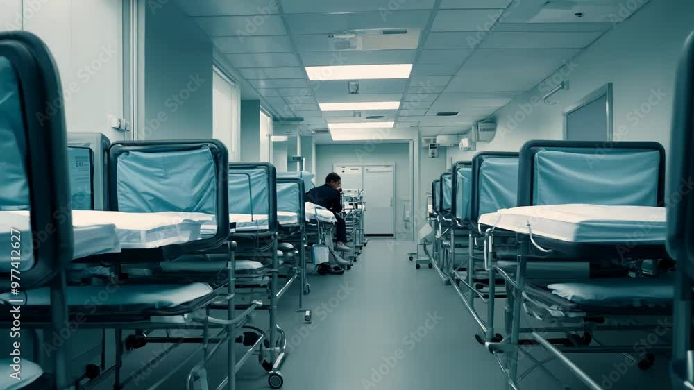 A healthcare worker prepares for incoming patients in a hospital corridor lined with empty beds, showcasing the urgency of medical care in a bustling environment A healthcare worker prepares for incoming patients in a hospital corridor lined with empty beds, showcasing the urgency of medical care in a bustling environment