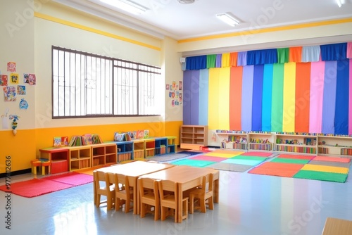 Empty kindergarten classroom with colorful decorations waiting for children