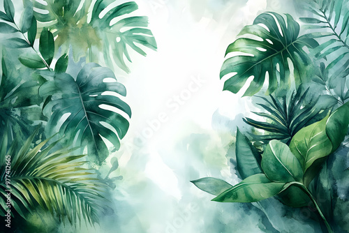 Elegant tropical leaves frame a serene backdrop, perfect for nature themes and calming designs in various creative projects.