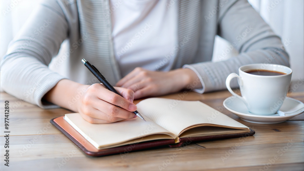 Person writing in a notebook with a cup of coffee on the table
