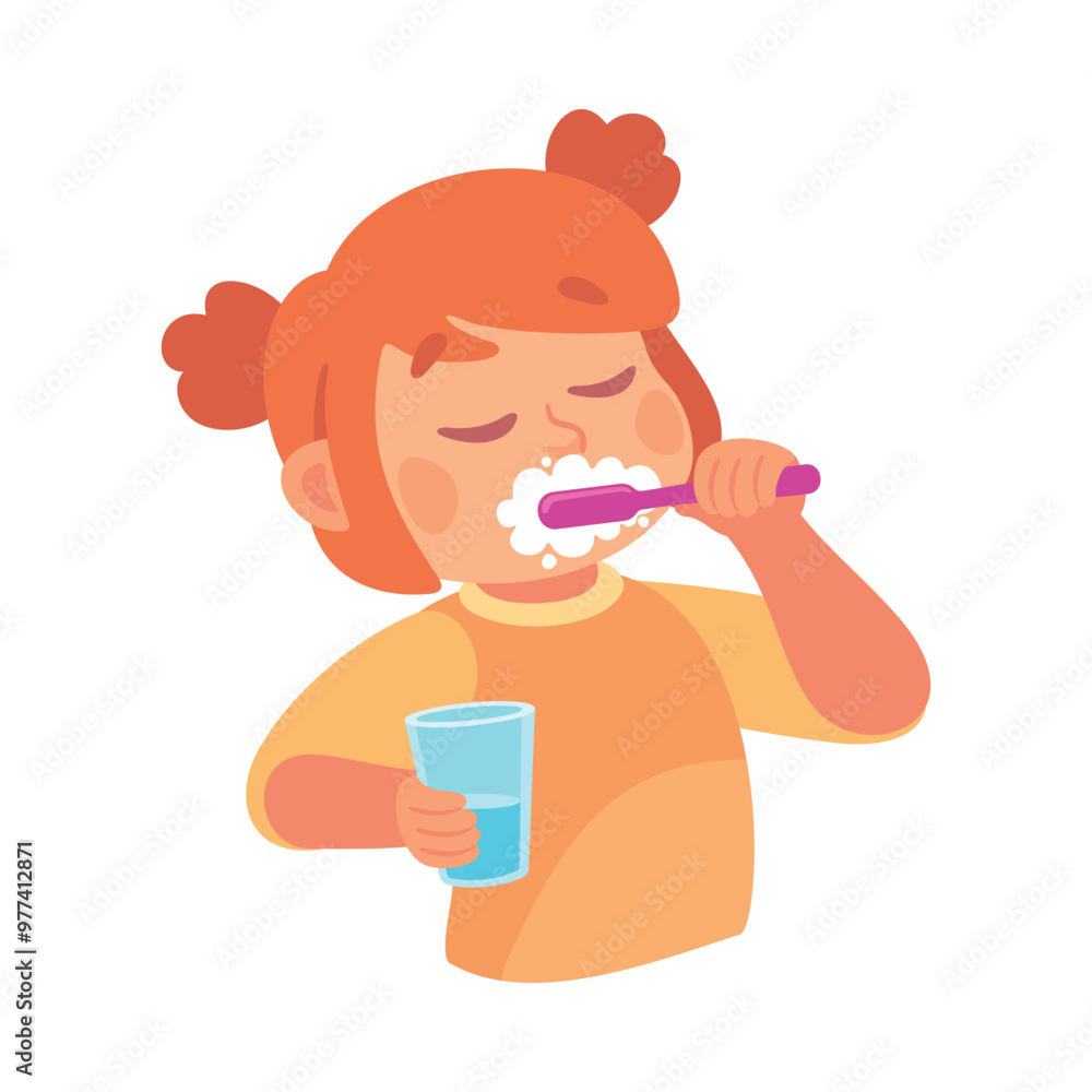 Girl Character in Bathroom Brushing Teeth Enjoy Morning Routine Vector Illustration Girl Character in Bathroom Brushing Teeth Enjoy Morning Routine Vector Illustration