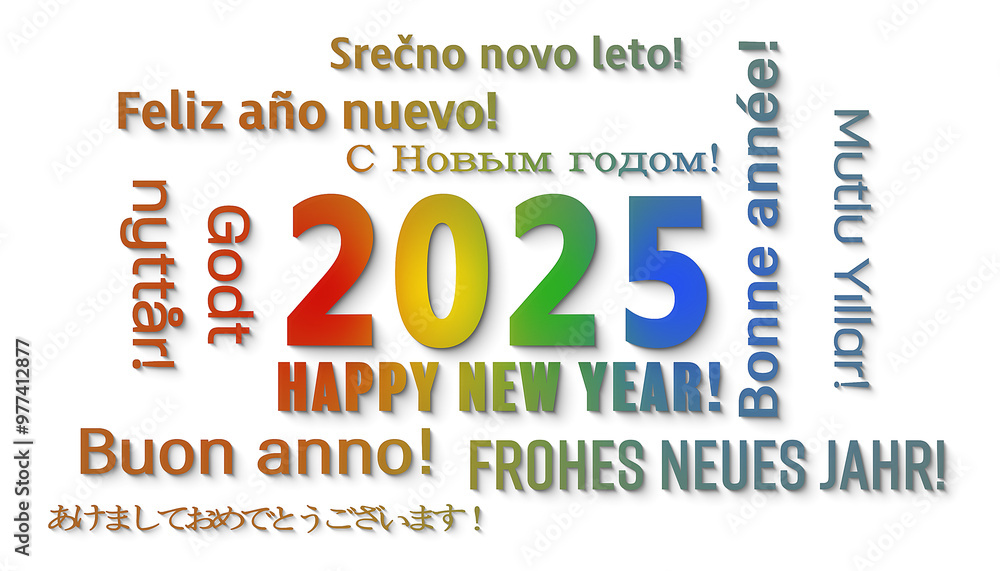 Illustration of a word cloud in different languages with the message happy new year - represents the new year 2025. Illustration of a word cloud in different languages with the message happy new year - represents the new year 2025.