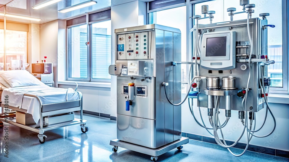 A modern, stainless steel dialyzer machine, with tubes and sensors, stands on a hospital counter, ready for hemodialysis treatment, amidst a sterile medical environment. A modern, stainless steel dialyzer machine, with tubes and sensors, stands on a hospital counter, ready for hemodialysis treatment, amidst a sterile medical environment.