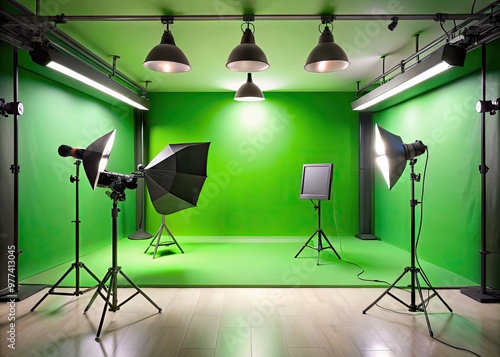 Amodern studio setup featuring a bright green chroma key background illuminated by softbox lights, ready for video production and post-processing magic. photo