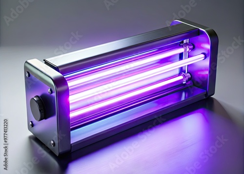 A modern UV lamp with a sleek design and purple glow emits intense ultraviolet light, ideal for disinfecting surfaces, curing inks, or examining hidden details. photo