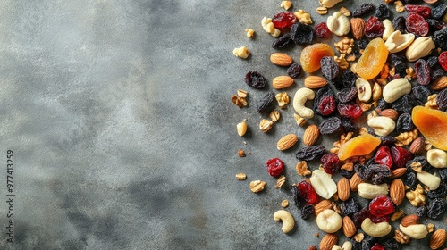 Top view of dried fruit and nut trail mix, scattered with room for text on a neutral surface.