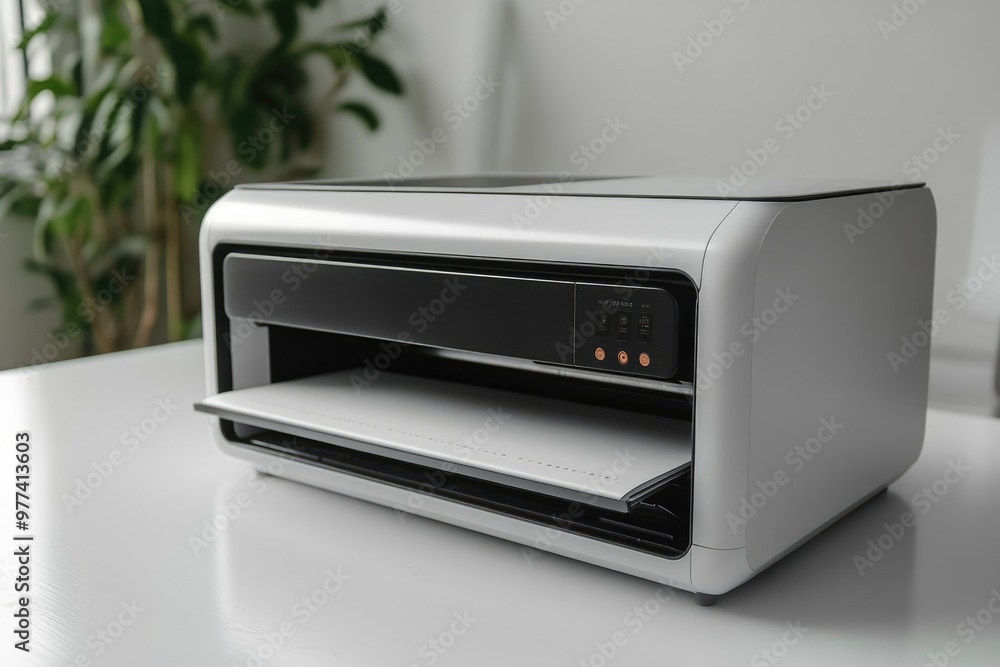 Obraz premium Multifunction printer device standing on desk in modern home office