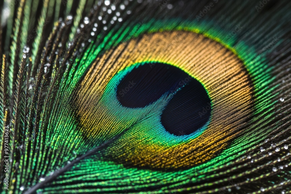 Naklejka premium green peacock feather macro extreme closeup background 