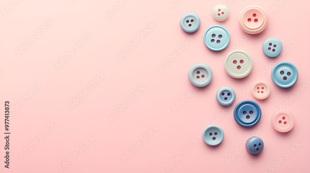Assorted buttons from above on soft pink background, charming and playful. Assorted buttons from above on soft pink background, charming and playful.
