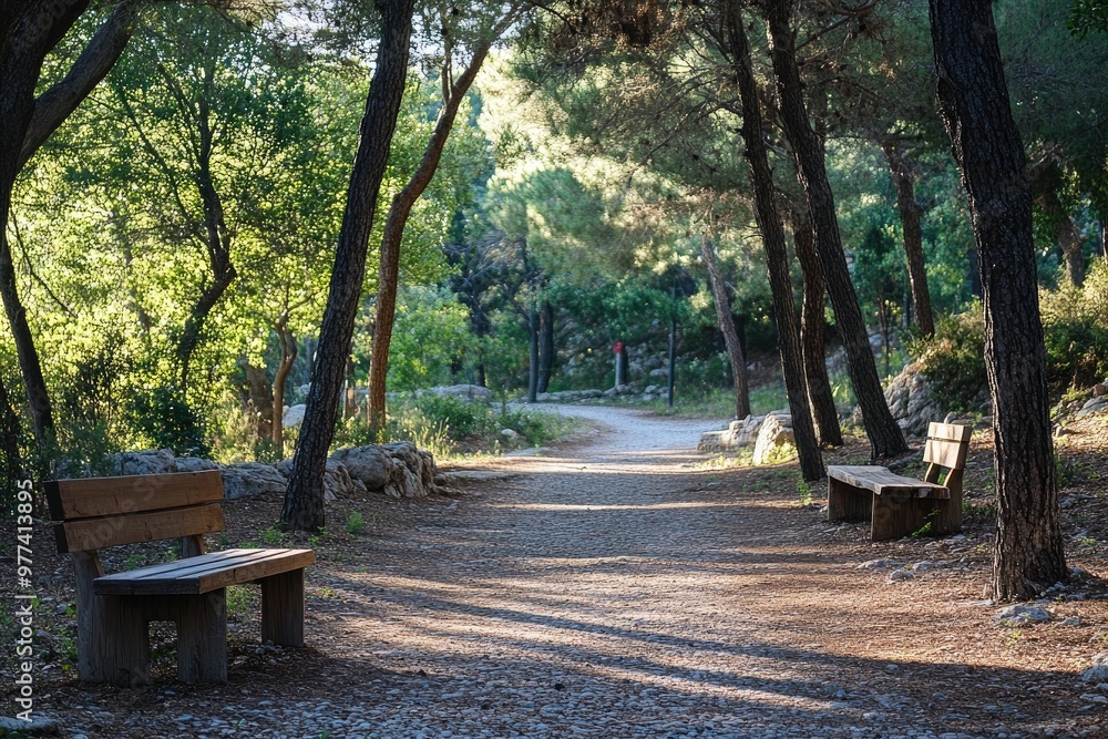 Benches inviting visitors to walk path leading through lush green forest Benches inviting visitors to walk path leading through lush green forest