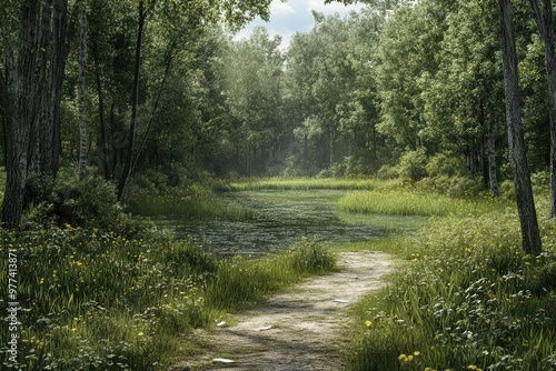 Narrow path leading to a pond in the forest