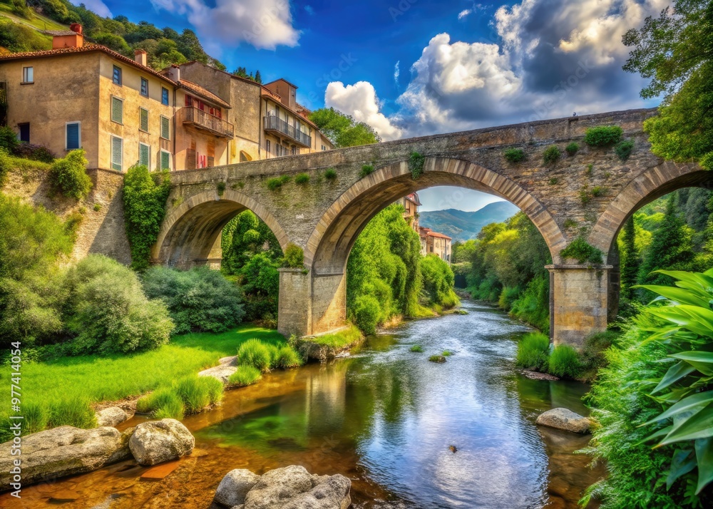 Ancient stone bridge arches over serene River Crati, surrounded by lush greenery, in the heart of historic Cosenza, Italy's charming Calabria region. Ancient stone bridge arches over serene River Crati, surrounded by lush greenery, in the heart of historic Cosenza, Italy's charming Calabria region.