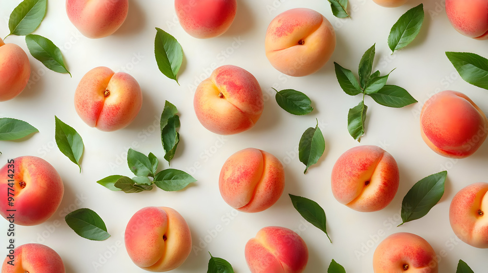Vibrant arrangement of fresh peaches with green leaves, showcasing their natural beauty and summer appeal. Vibrant arrangement of fresh peaches with green leaves, showcasing their natural beauty and summer appeal.