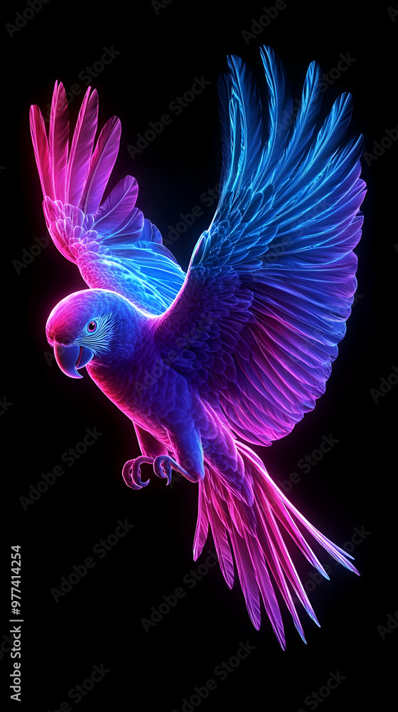 A vibrant, stylized parrot soaring through a neon-hued backdrop, showcasing stunning colors and intricate feather details. A vibrant, stylized parrot soaring through a neon-hued backdrop, showcasing stunning colors and intricate feather details.