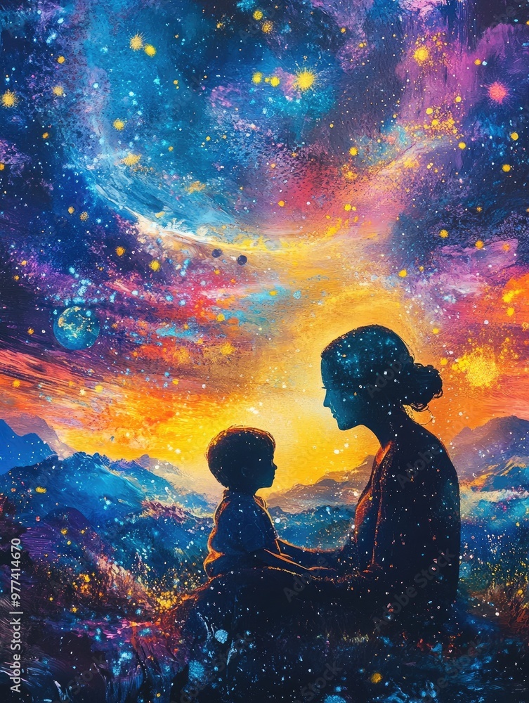 Mother and child sharing a moment under the milky way Mother and child sharing a moment under the milky way