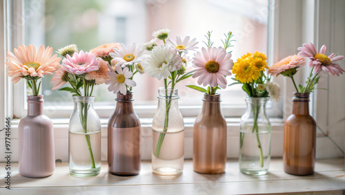 Pastel Flower Bouquets in Glass Bottles on a Window Sill with Natural Light