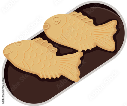 Taiyaki or Fish Shape Pancake on Plate Illustration Isolated on White Background