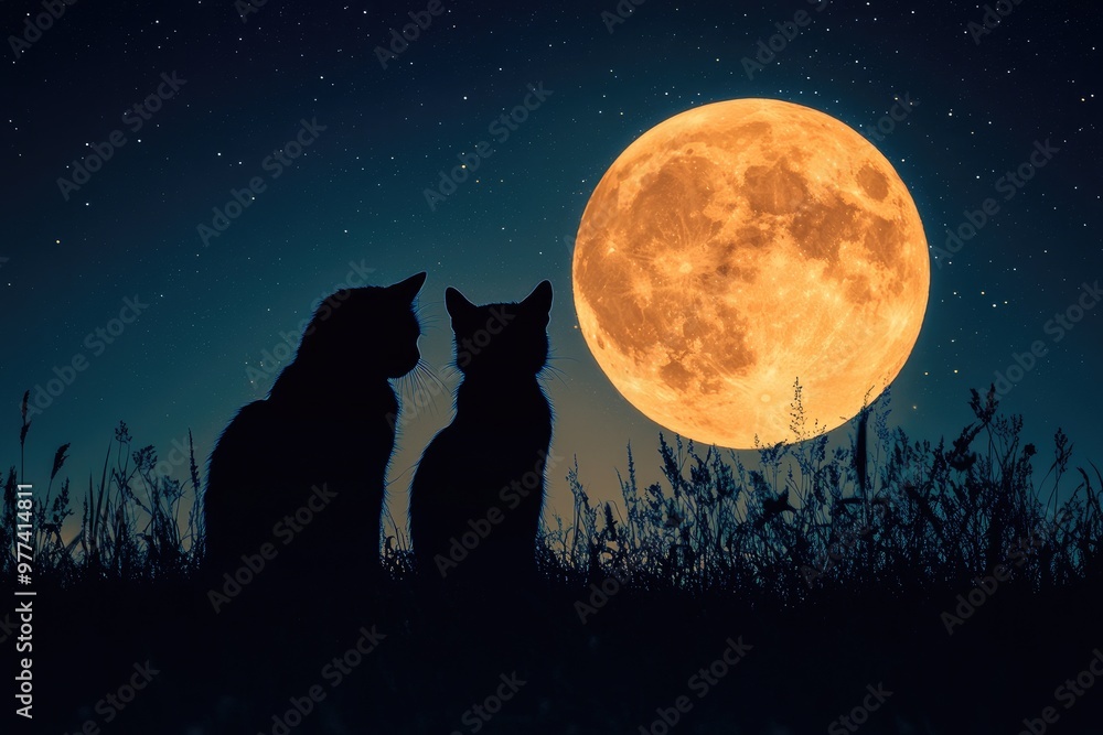 Two cats are sitting in the grass and looking at full moon at night Two cats are sitting in the grass and looking at full moon at night