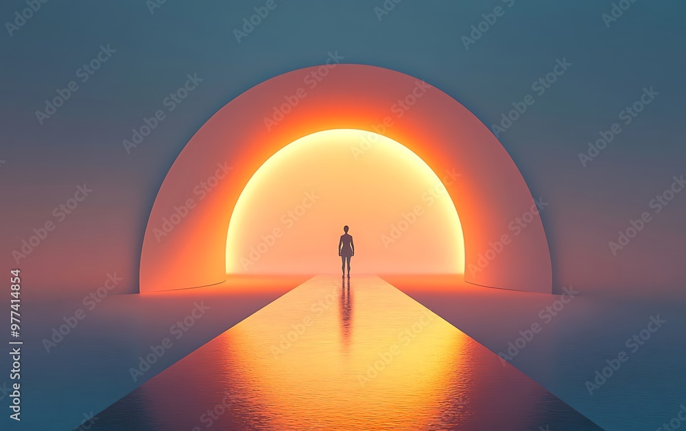 Tranquil Path of Clarity - Minimalist Archway Design Leading to Bright Glow of Direction Concept. Tranquil Path of Clarity - Minimalist Archway Design Leading to Bright Glow of Direction Concept.