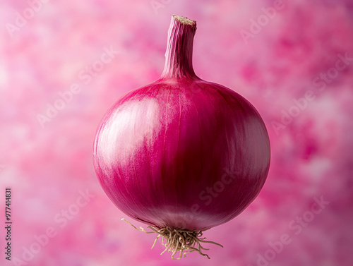 Fresh and vibrant red onion against a soft pink background, showcasing its rich color and natural beauty.